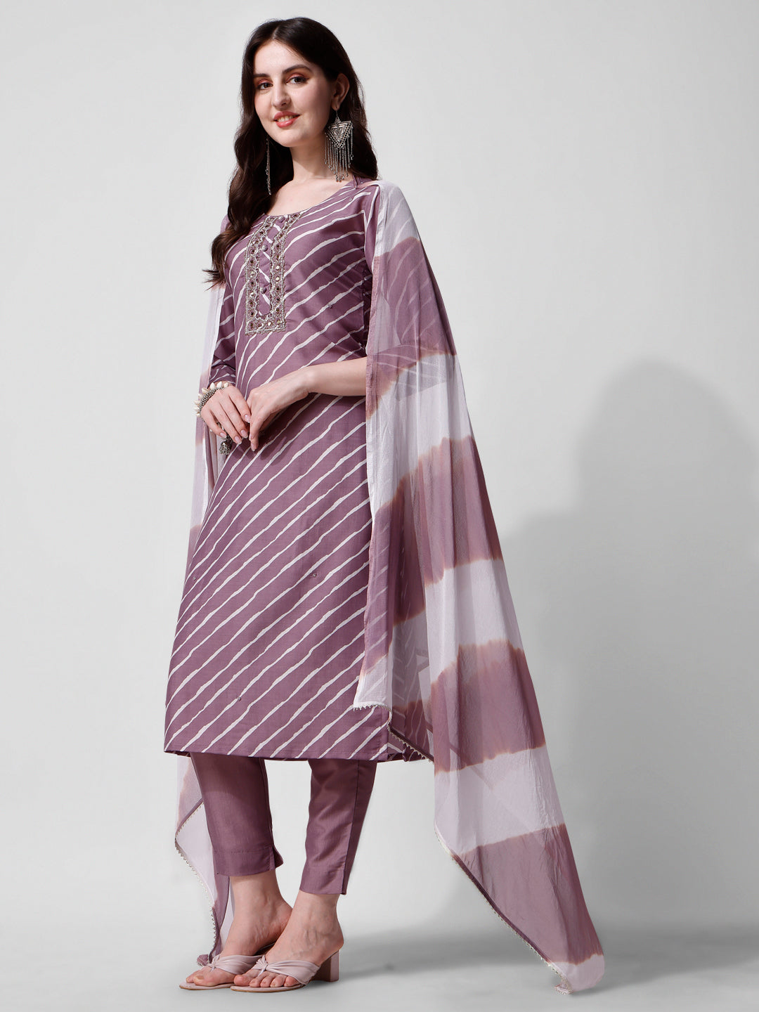 Leheriya Printed & Embroidered Kurta With Pant & Dupatta Set, Multicolor - Hiral Fashion