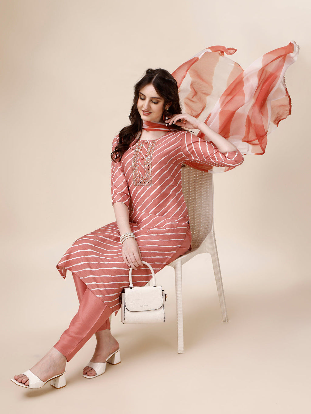 Embroidered & Leheriya Kurta With Pant And Dupatta Set, Multicolor - Hiral Fashion - Distacart