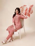 Embroidered & Leheriya Kurta With Pant And Dupatta Set, Multicolor - Hiral Fashion - Distacart