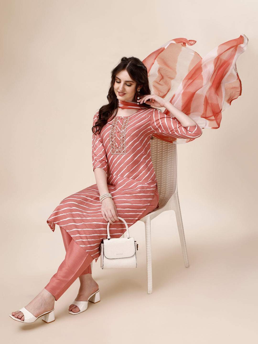 Embroidered & Leheriya Kurta With Pant And Dupatta Set, Multicolor - Hiral Fashion - Distacart