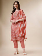 Embroidered & Leheriya Kurta With Pant And Dupatta Set, Multicolor - Hiral Fashion - Distacart