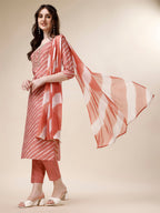 Embroidered & Leheriya Kurta With Pant And Dupatta Set, Multicolor - Hiral Fashion - Distacart