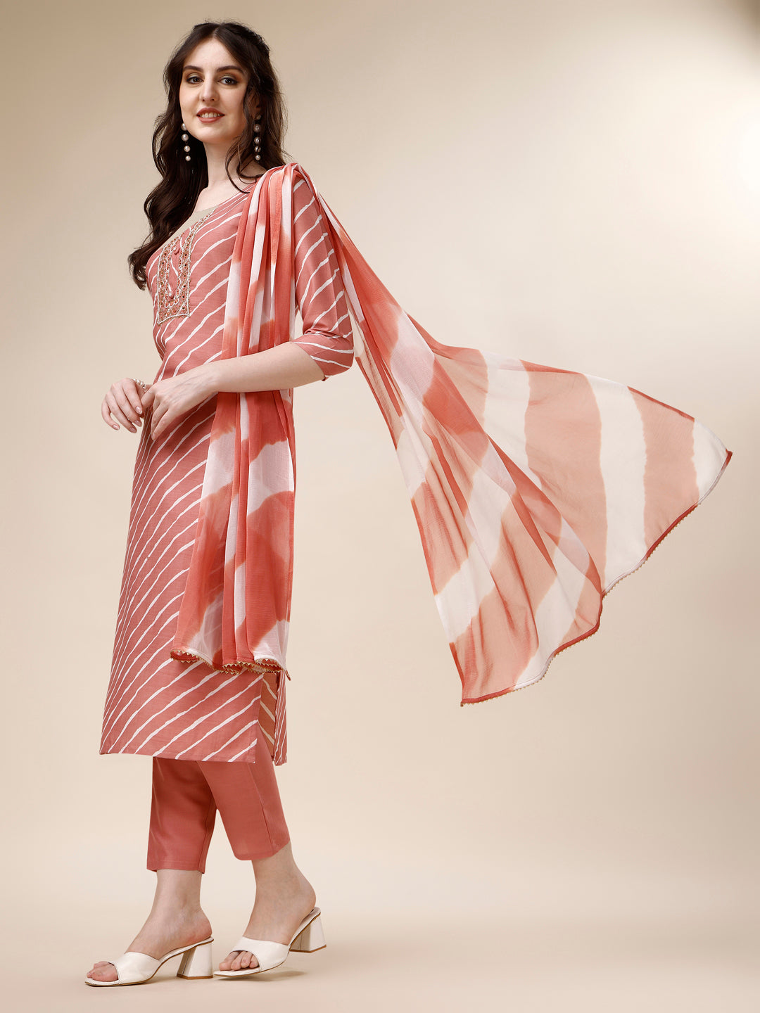 Embroidered & Leheriya Kurta With Pant And Dupatta Set, Multicolor - Hiral Fashion - Distacart