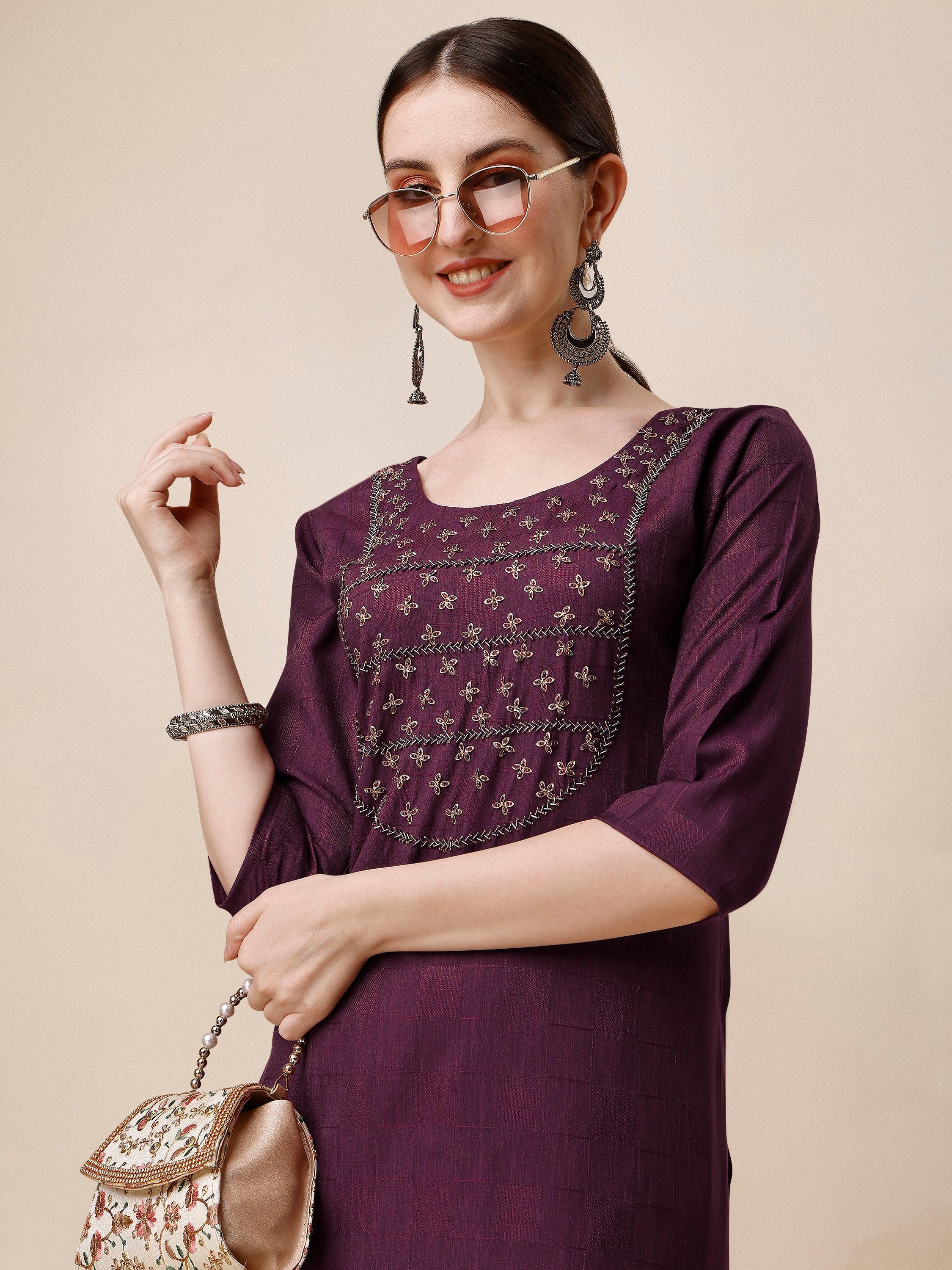 Wine Embroidered Kurta, Multicolor - Hiral Fashion