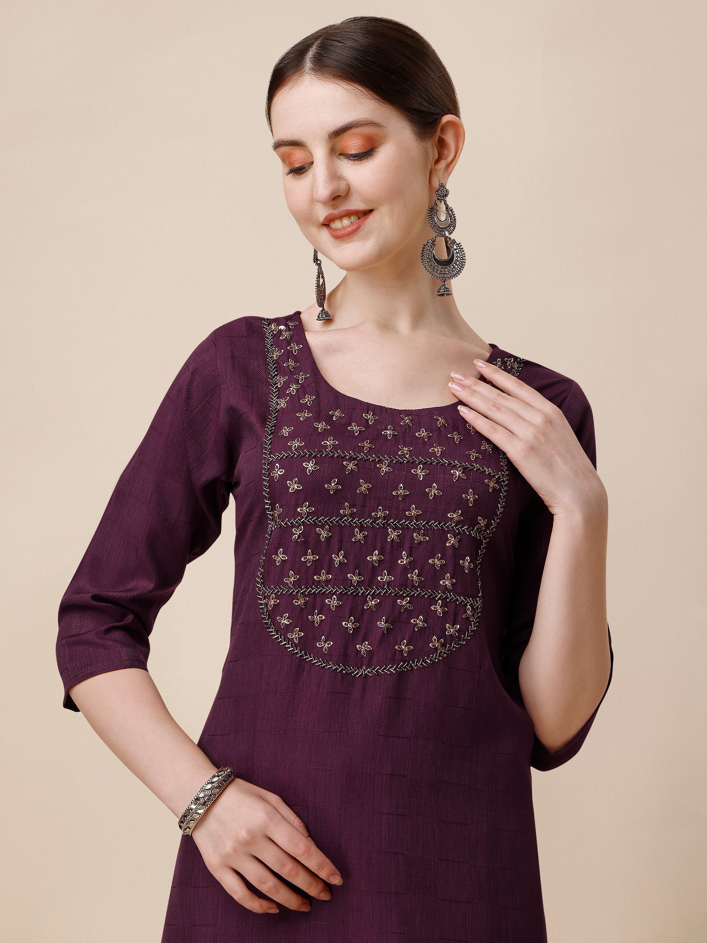 Wine Embroidered Kurta, Multicolor - Hiral Fashion