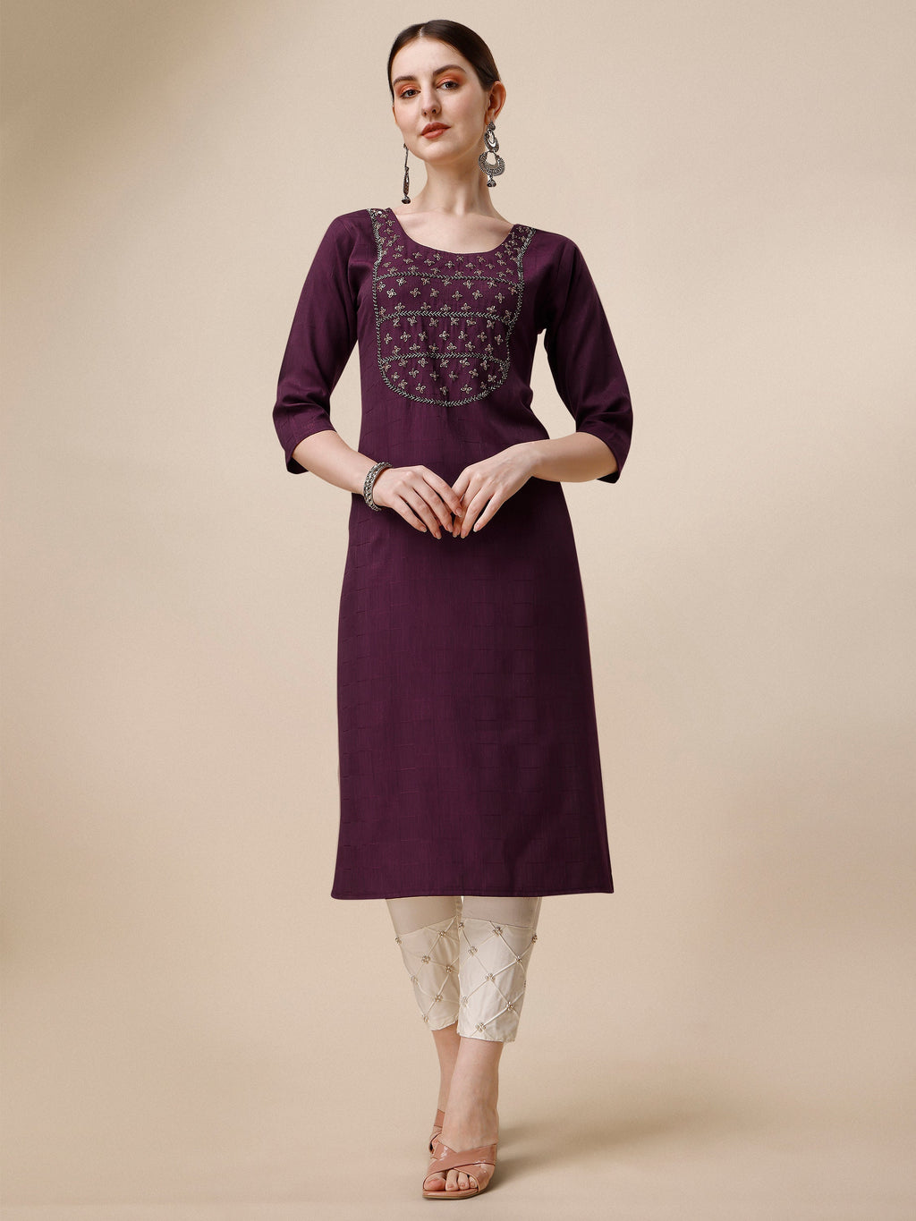 Wine Embroidered Kurta, Multicolor - Hiral Fashion