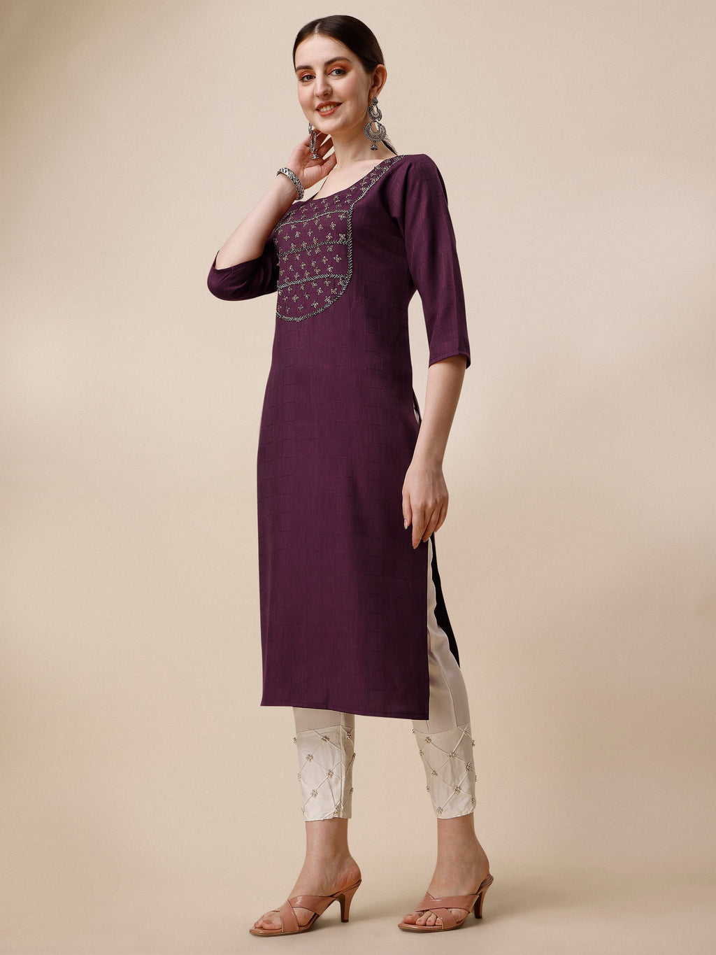 Wine Embroidered Kurta, Multicolor - Hiral Fashion