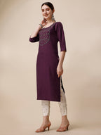 Wine Embroidered Kurta, Multicolor - Hiral Fashion