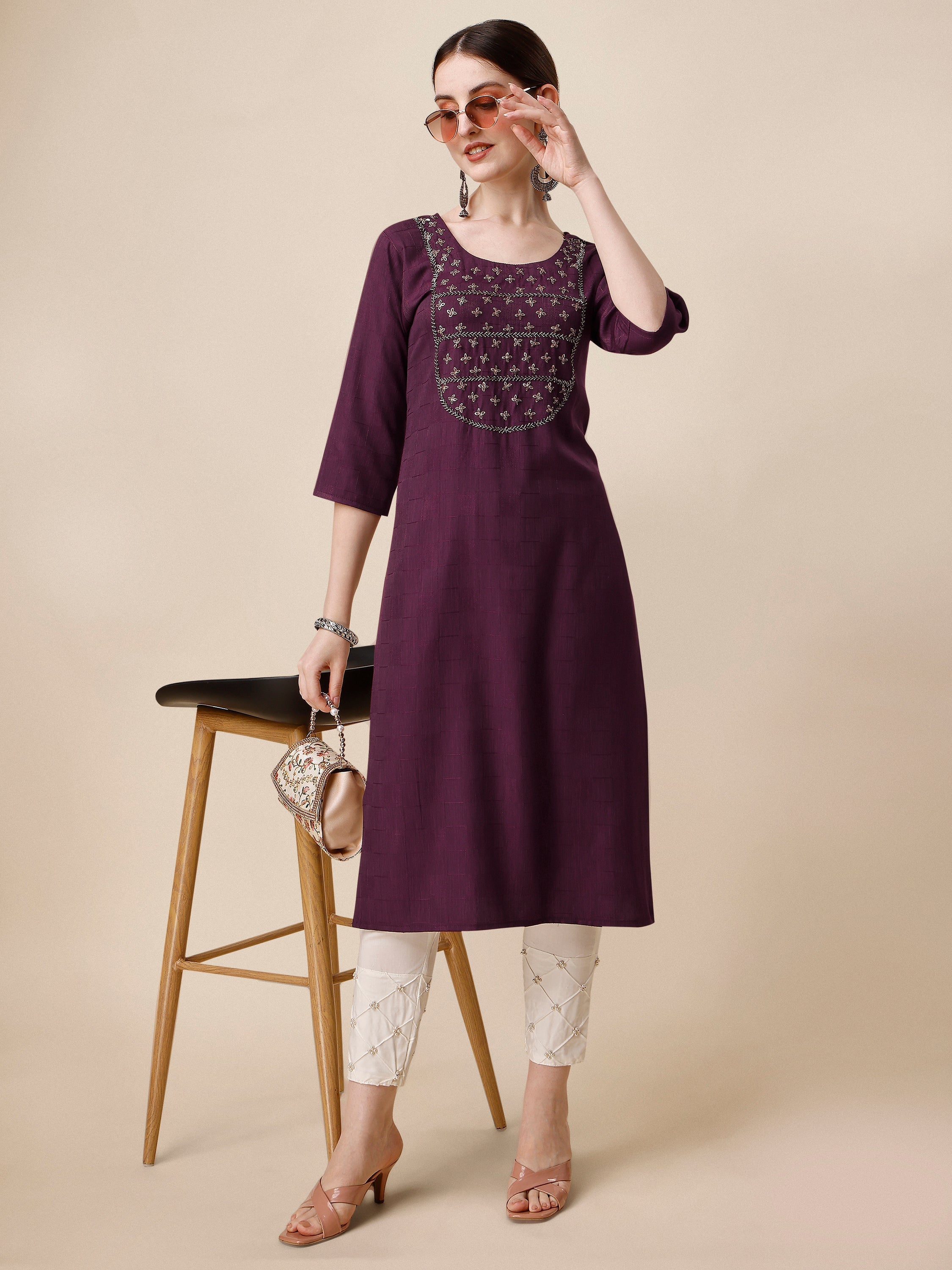 Wine Embroidered Kurta, Multicolor - Hiral Fashion