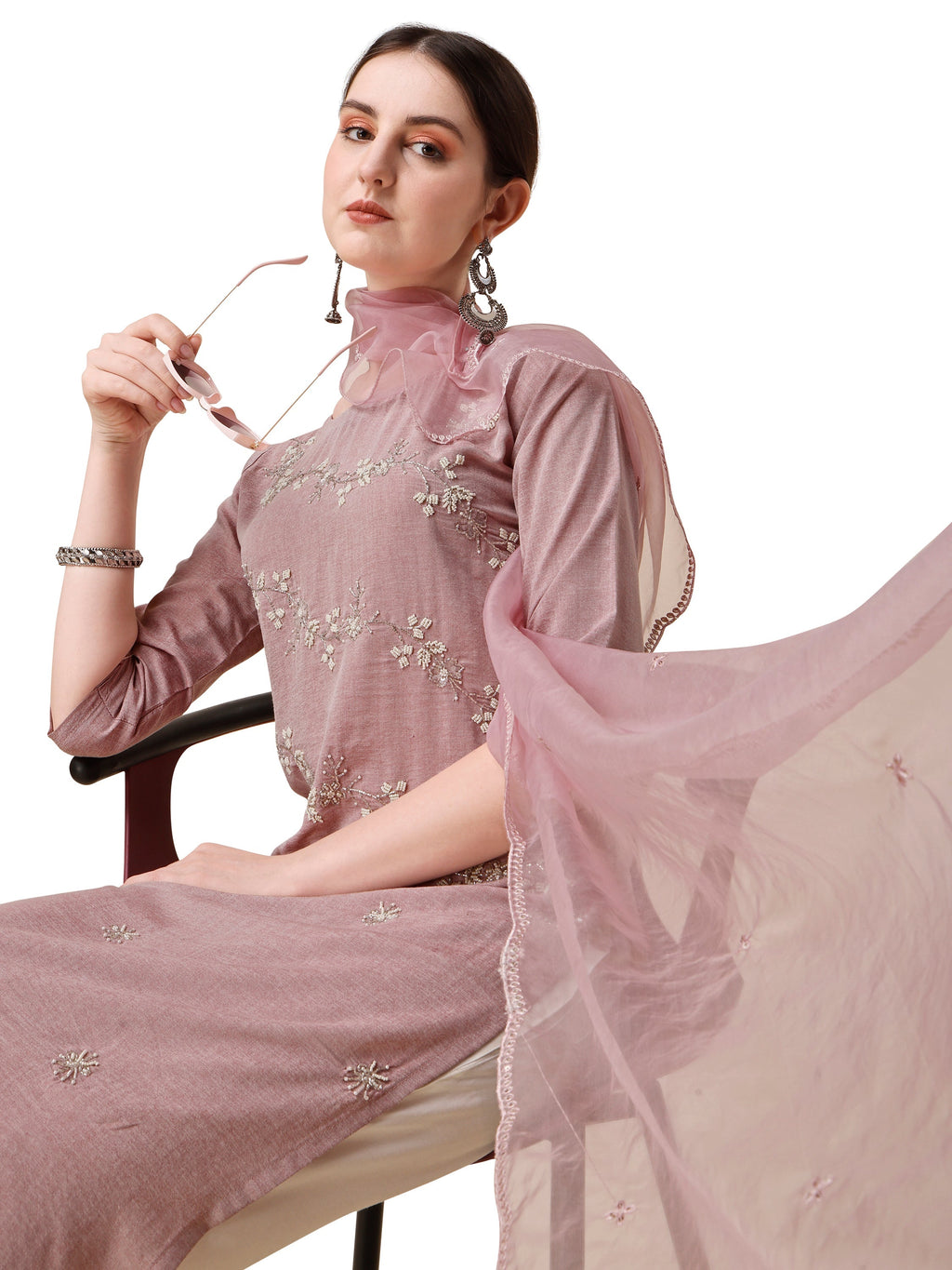 Embroidered Kurta With Moti Embellished Pant And Dupatta Set, Multicolor - Hiral Fashion