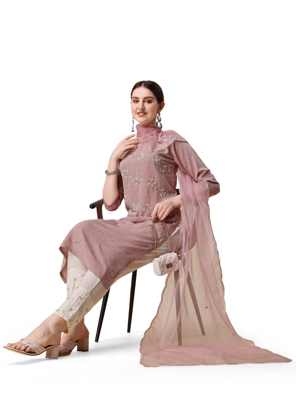 Embroidered Kurta With Moti Embellished Pant And Dupatta Set, Multicolor - Hiral Fashion