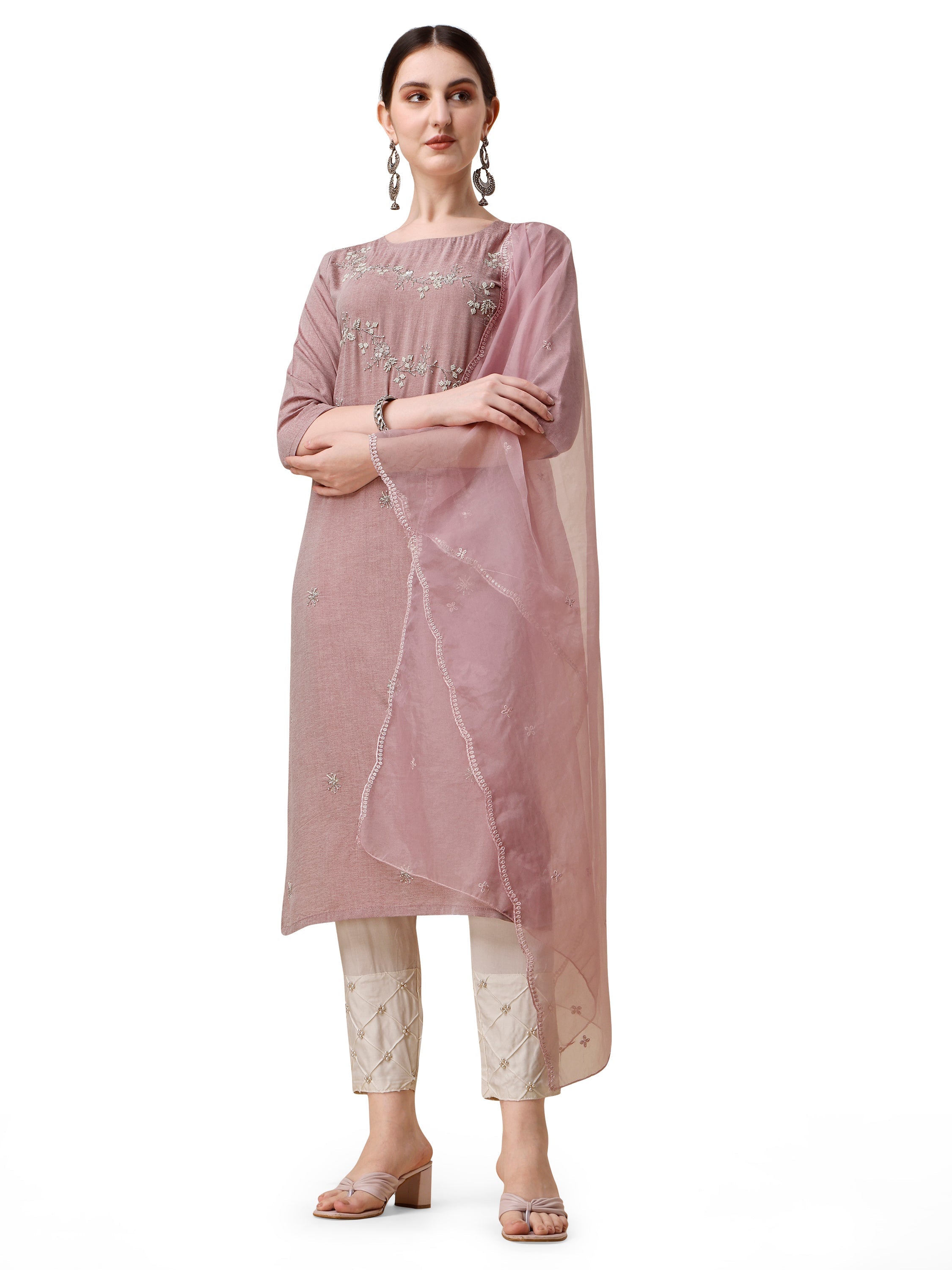 Embroidered Kurta With Moti Embellished Pant And Dupatta Set, Multicolor - Hiral Fashion