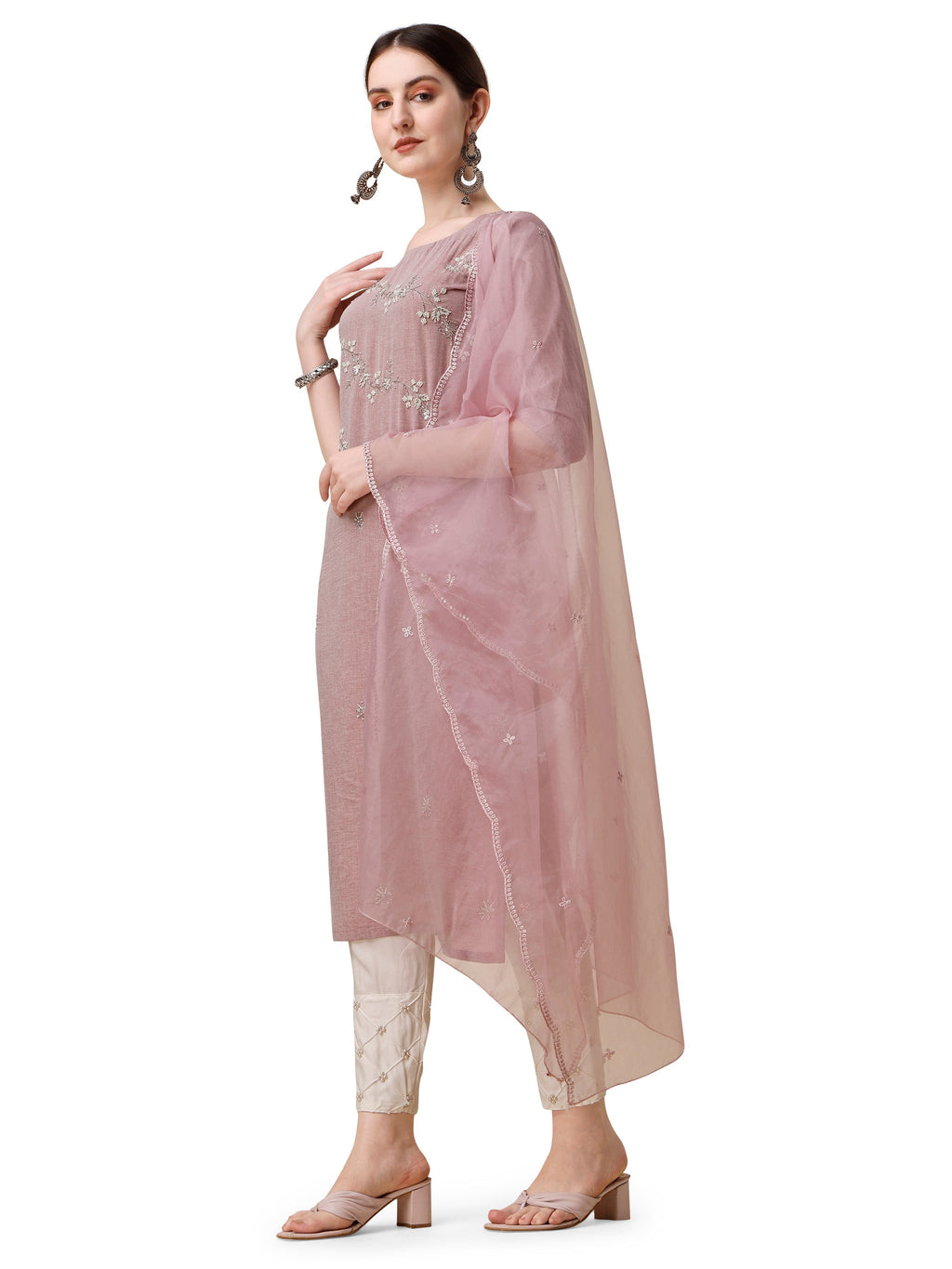 Embroidered Kurta With Moti Embellished Pant And Dupatta Set, Multicolor - Hiral Fashion