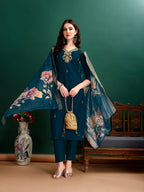 Hand Embroidered Kurta With Pant & Organza Printed Dupatta, Multicolor - Hiral Fashion