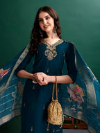 Hand Embroidered Kurta With Pant & Organza Printed Dupatta, Multicolor - Hiral Fashion