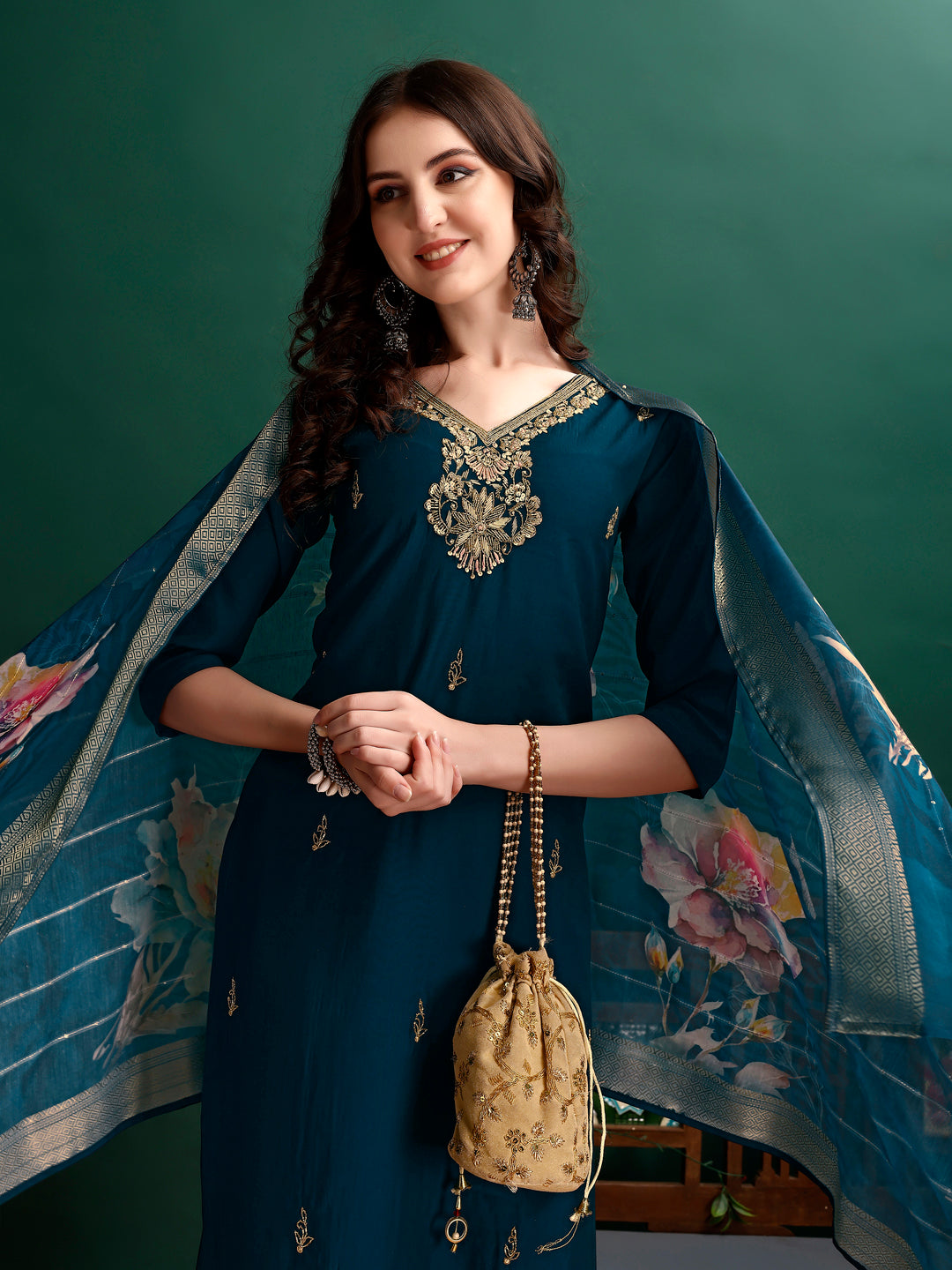 Hand Embroidered Kurta With Pant & Organza Printed Dupatta, Multicolor - Hiral Fashion