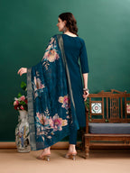 Hand Embroidered Kurta With Pant & Organza Printed Dupatta, Multicolor - Hiral Fashion