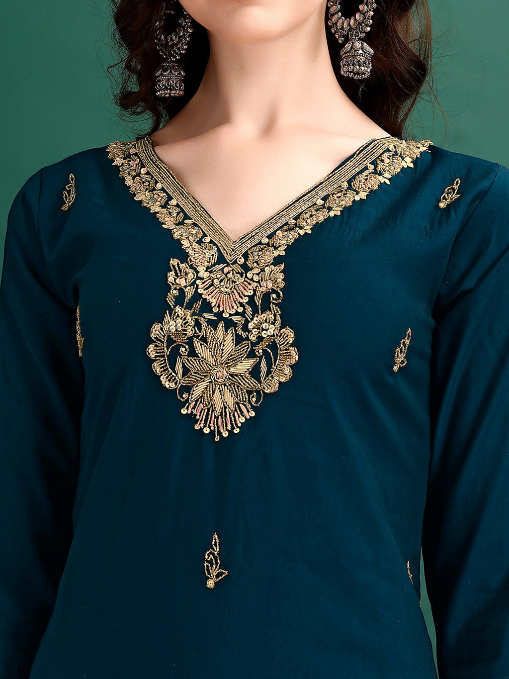 Hand Embroidered Kurta With Pant & Organza Printed Dupatta, Multicolor - Hiral Fashion