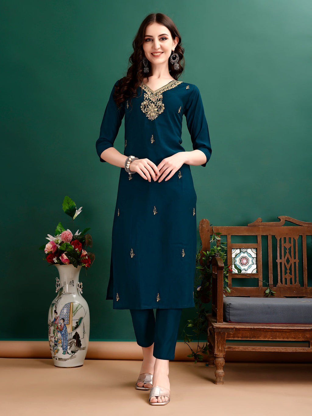 Hand Embroidered Kurta With Pant & Organza Printed Dupatta, Multicolor - Hiral Fashion