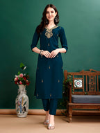 Hand Embroidered Kurta With Pant & Organza Printed Dupatta, Multicolor - Hiral Fashion