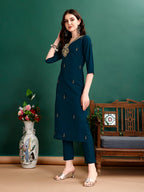 Hand Embroidered Kurta With Pant & Organza Printed Dupatta, Multicolor - Hiral Fashion