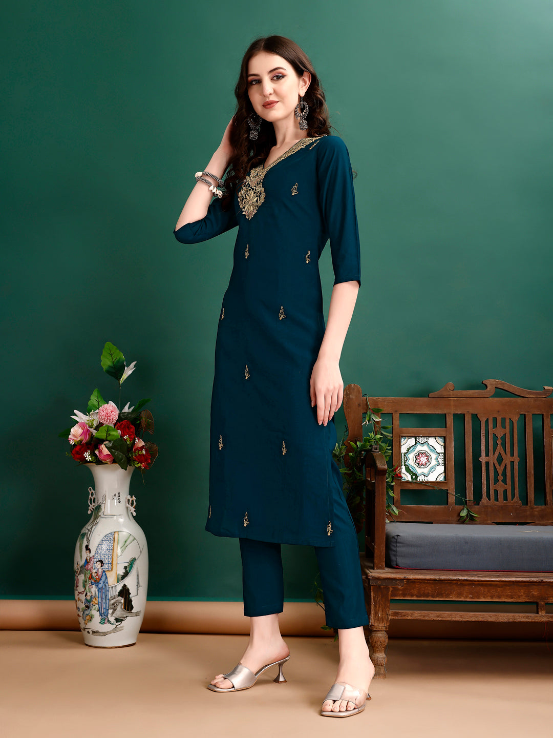 Hand Embroidered Kurta With Pant & Organza Printed Dupatta, Multicolor - Hiral Fashion