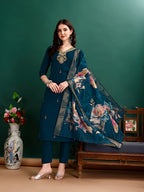 Hand Embroidered Kurta With Pant & Organza Printed Dupatta, Multicolor - Hiral Fashion