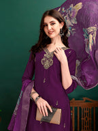 Hand Embroidered Kurta With Pant & Organza Printed Dupatta Premium, Multicolor - Hiral Fashion