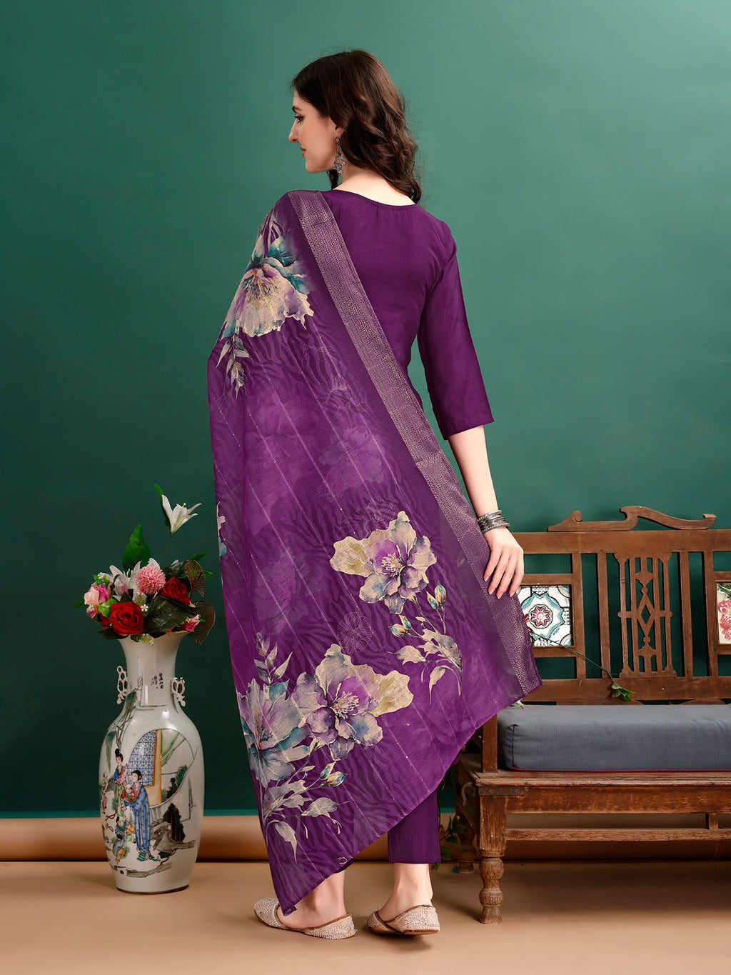 Hand Embroidered Kurta With Pant & Organza Printed Dupatta Premium, Multicolor - Hiral Fashion