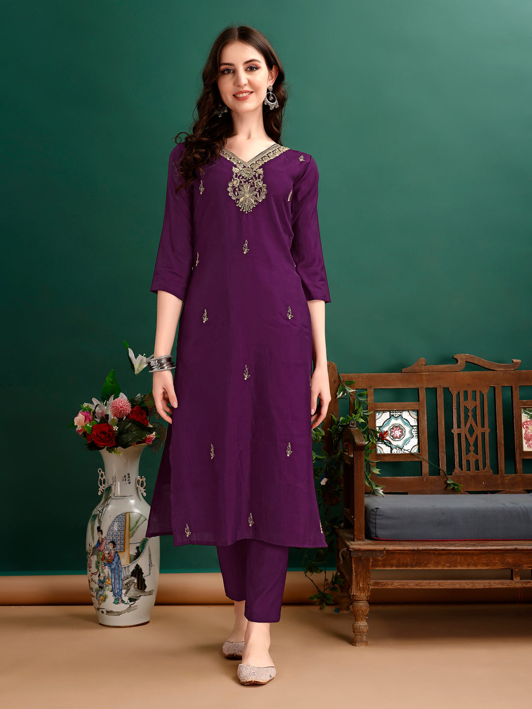 Hand Embroidered Kurta With Pant & Organza Printed Dupatta Premium, Multicolor - Hiral Fashion