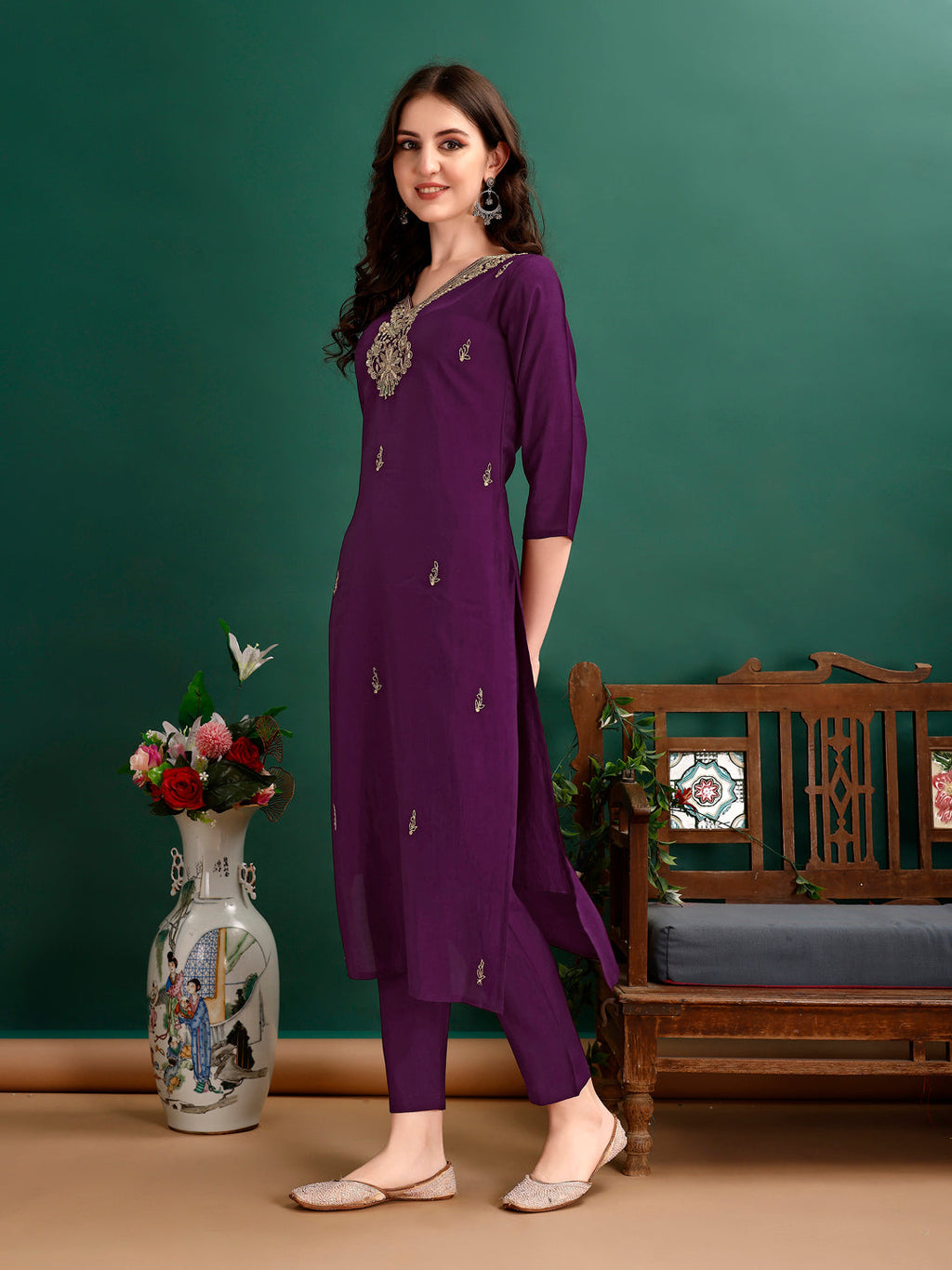 Hand Embroidered Kurta With Pant & Organza Printed Dupatta Premium, Multicolor - Hiral Fashion