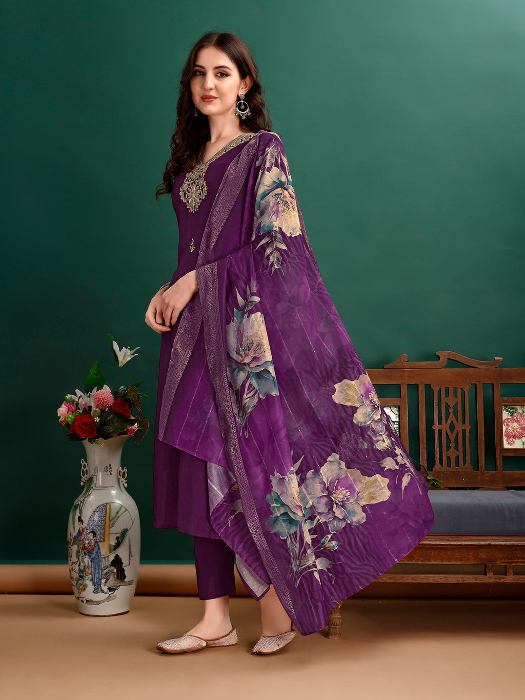 Hand Embroidered Kurta With Pant & Organza Printed Dupatta Premium, Multicolor - Hiral Fashion