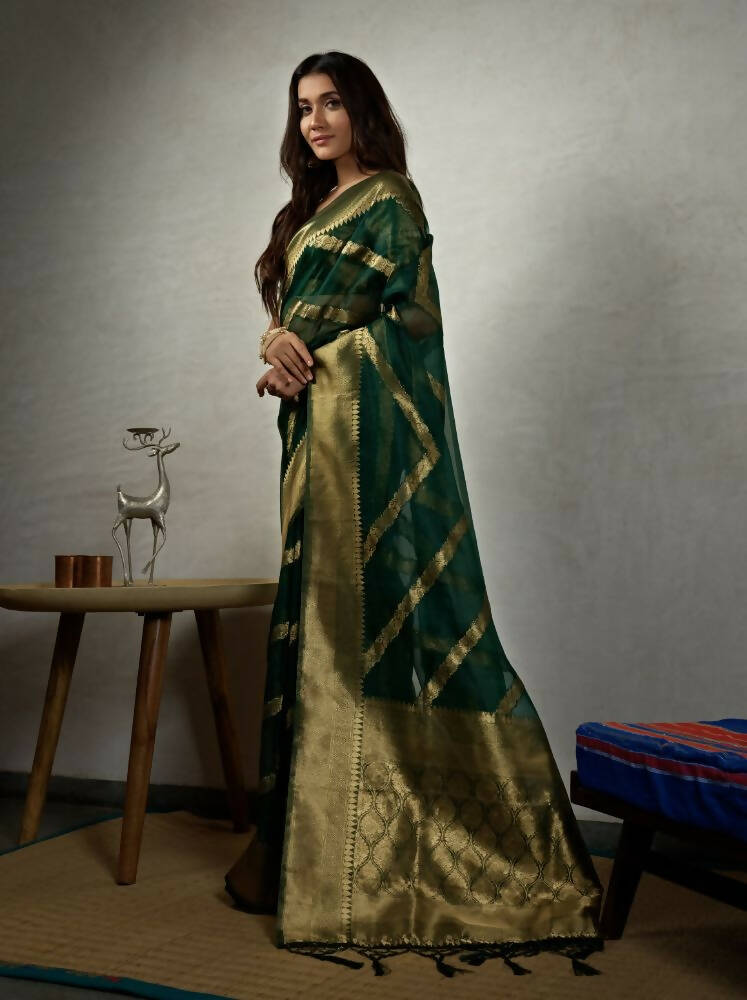 Glamorous Designer Stone Green Color Organza Silk Saree With Weaving Work - Yomika Fashions
