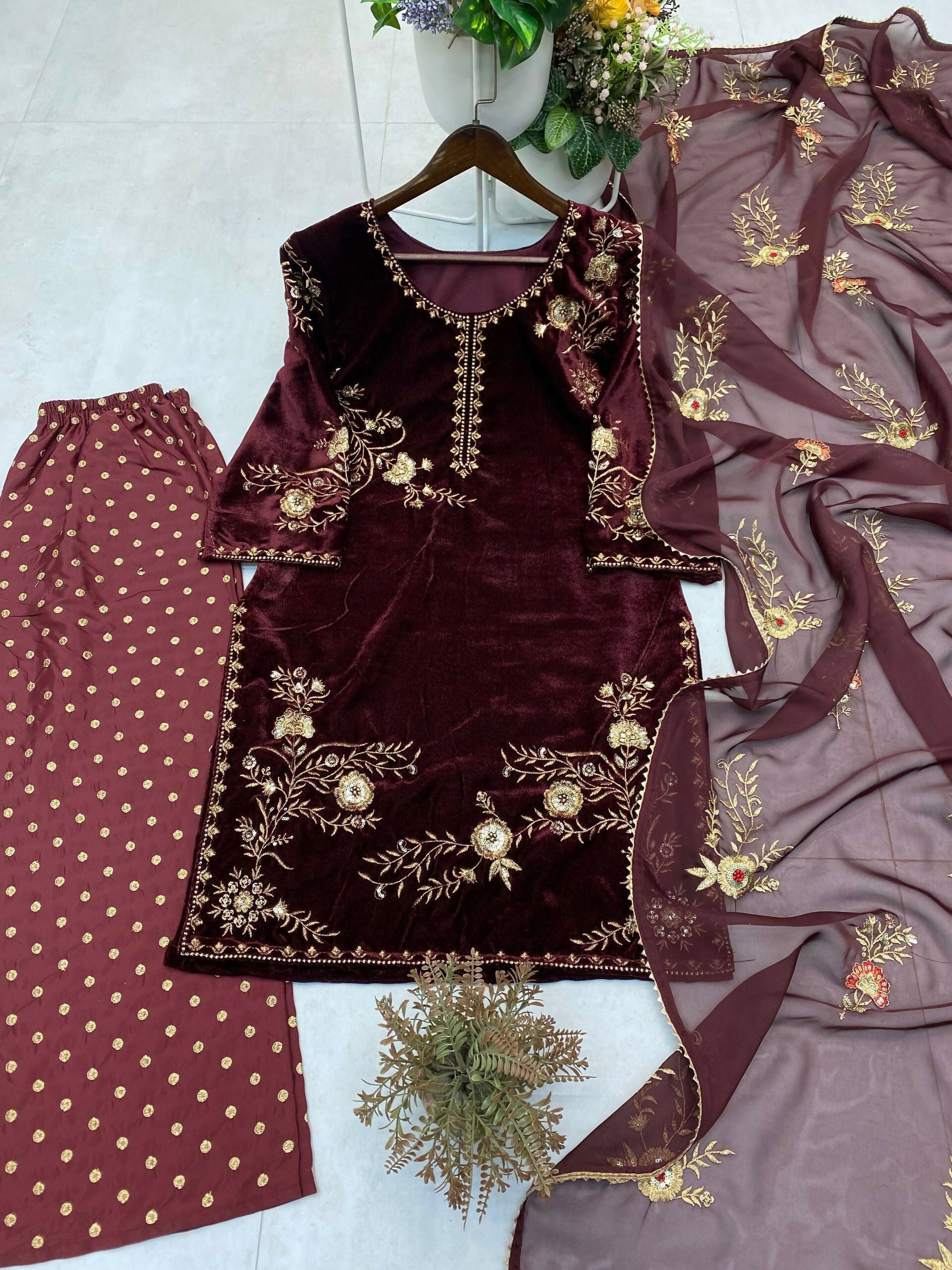 Vastranavya Wine Velvet Sequence Embroidery Work Kurta & Palazzo With Dupatta