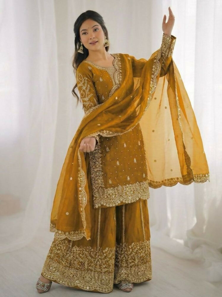 Teeya Creation Yellow Color Fendy Silk Embroidery Work Wedding Wear Salwar Suit - Distacart