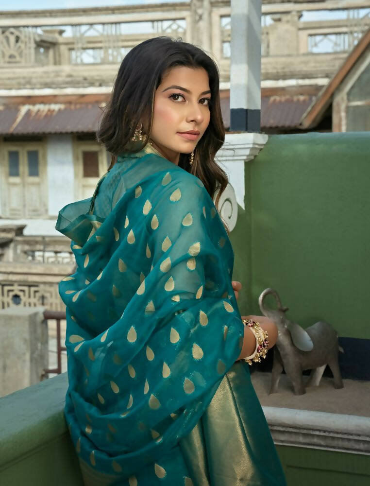 Delightful Designer Turquoise Color Organza Silk Saree With Weaving Work - Yomika Fashions