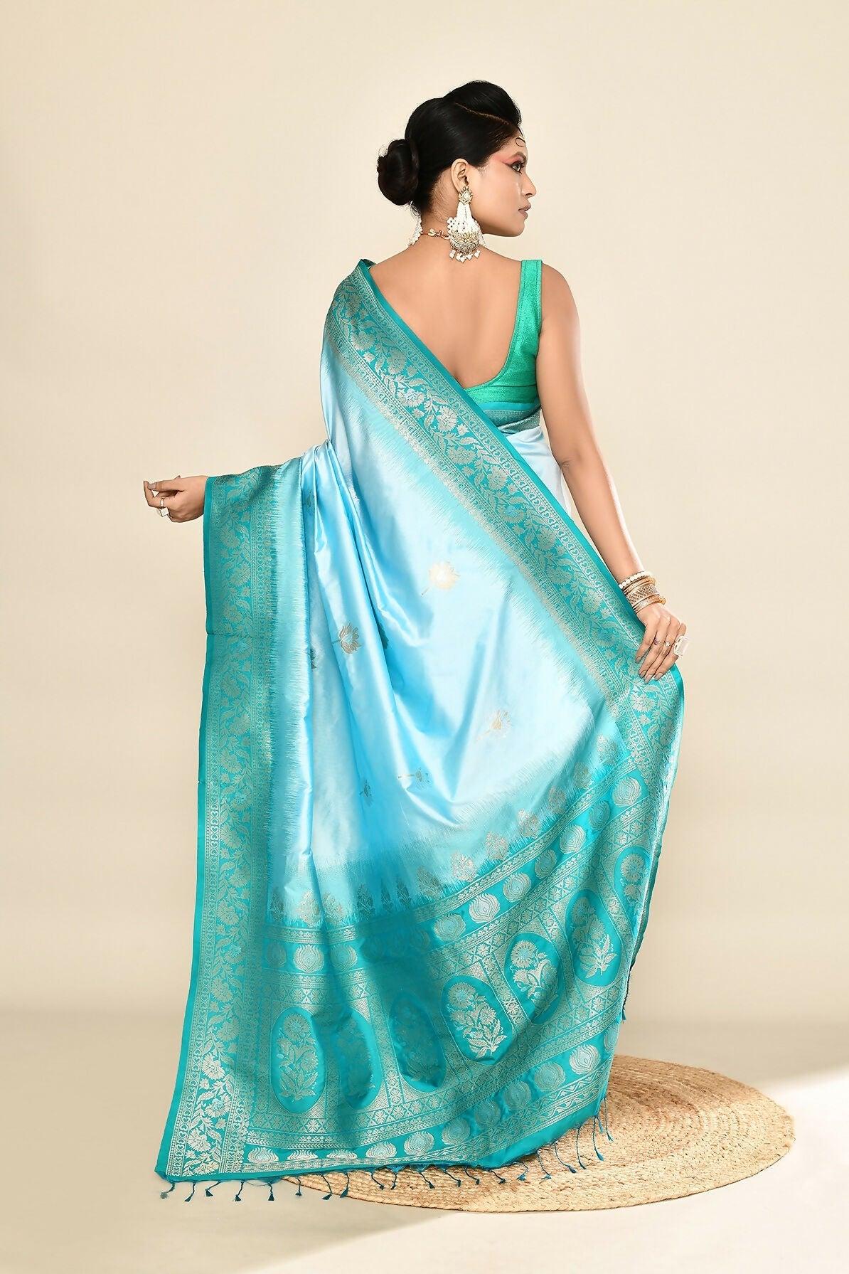 Joban Fashion Sky Blue & Rama Plain With Weaving Border Banarasi Silk Sarees