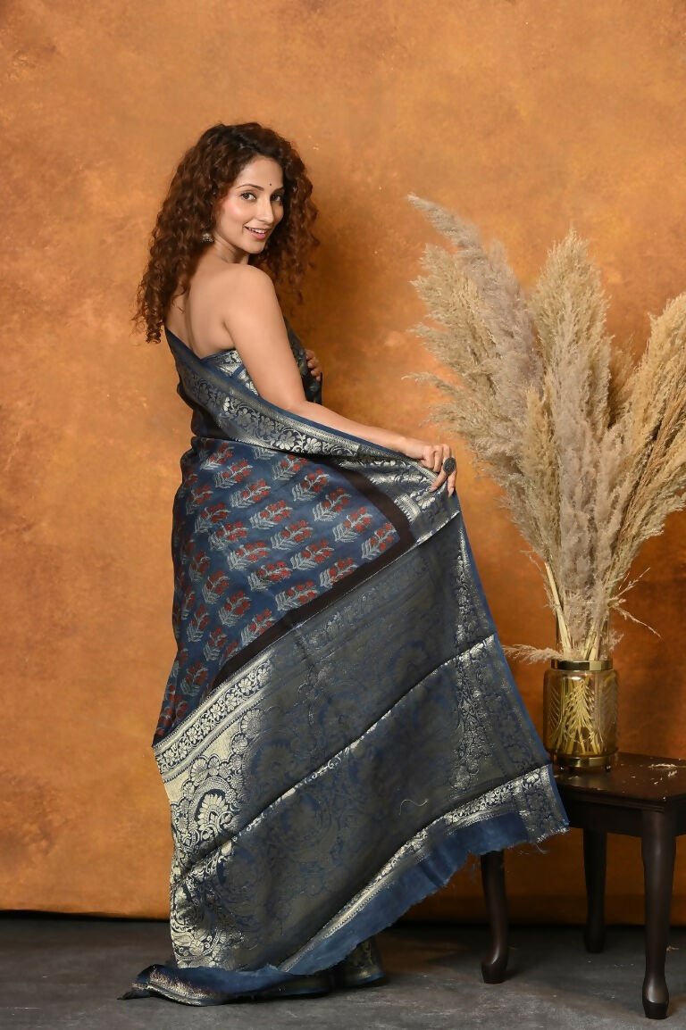Very Much Indian Modal Silk Ajrakh Handblock Printed Natural Dyes With Designer Border Saree - Black