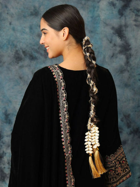 Ruby Raang Gold Gota Pati Work And Black Thread And Shells With Gold Stones