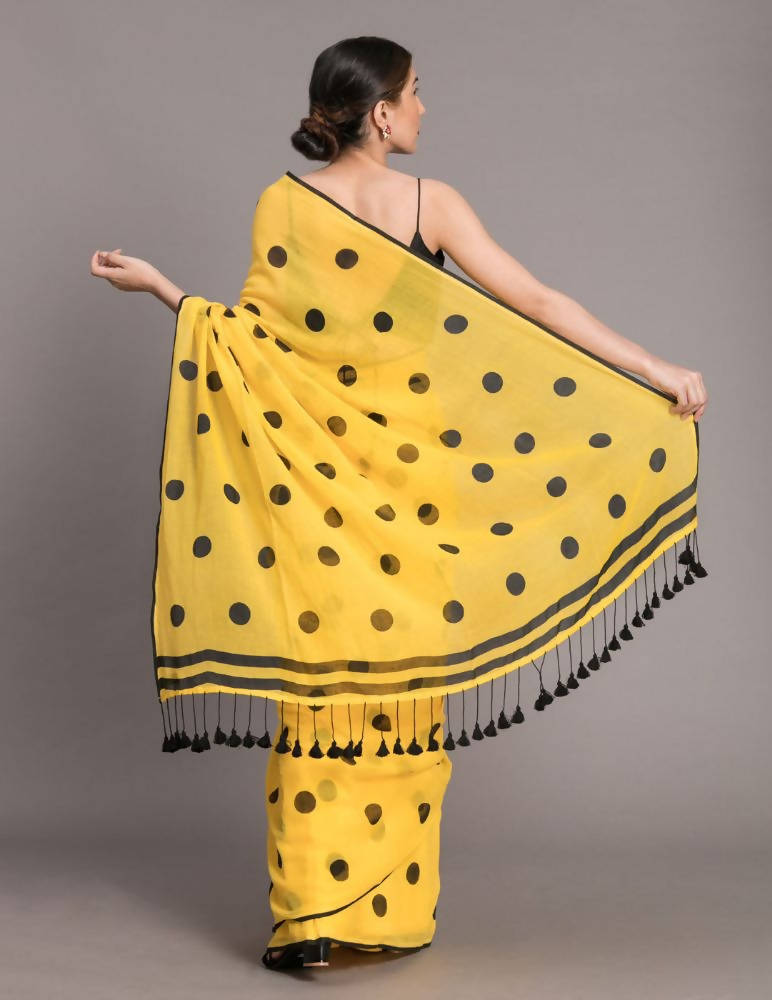 Suta Yellow and Black Polka Printed Pure Cotton Saree - Distacart