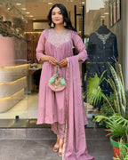 The52 Women's Beautiful Chinon Fabric Embroidery Work Flared Kurta Pant and Dupatta Set - Distacart