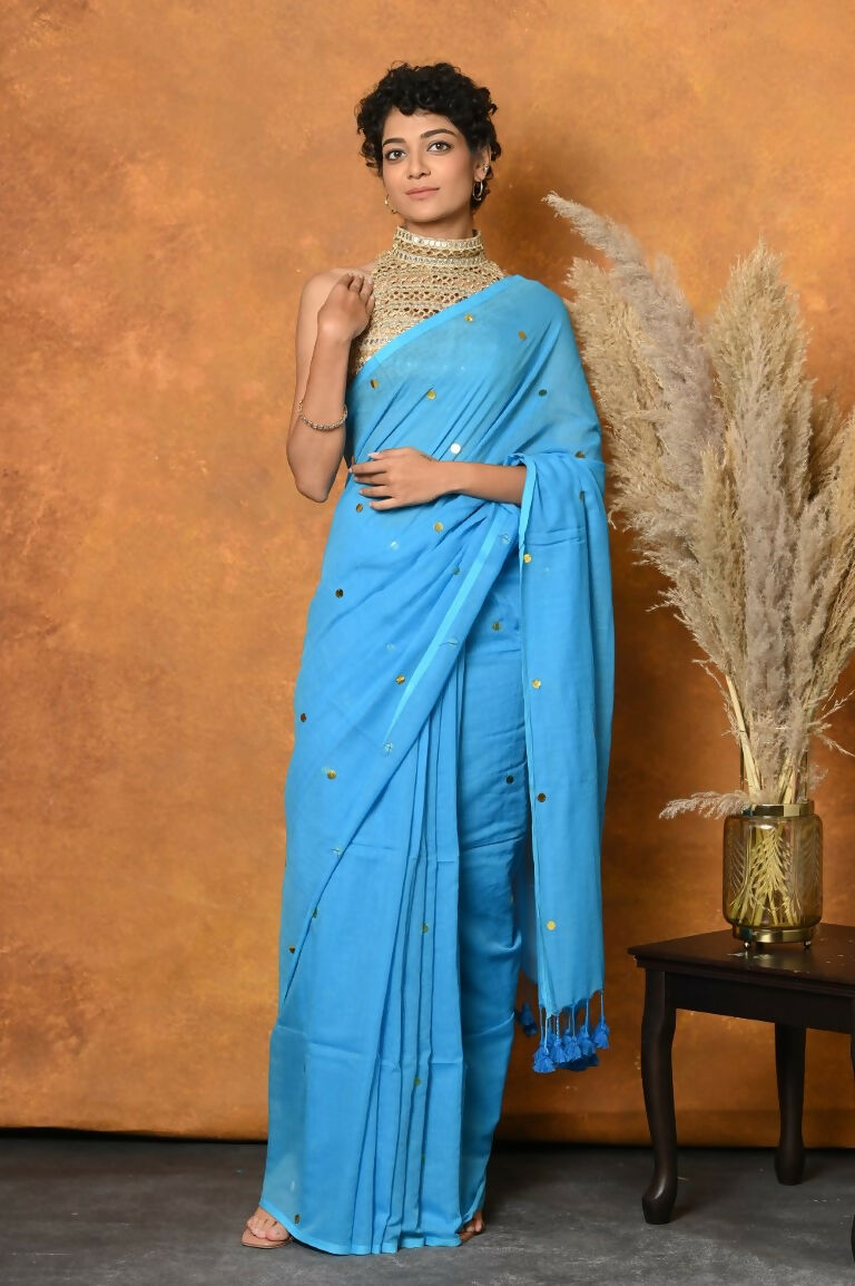 Very Much Indian Pure Mul Cotton Handloom Saree - Sky Blue - Distacart
