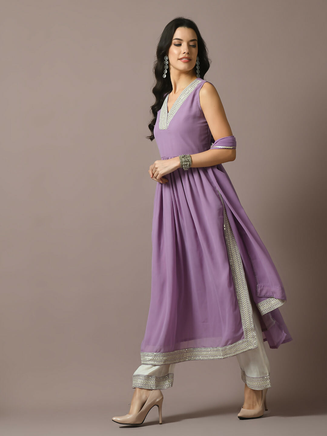 Myshka Women's Lavender Solid Georgette Anarkali Party Kurta Set