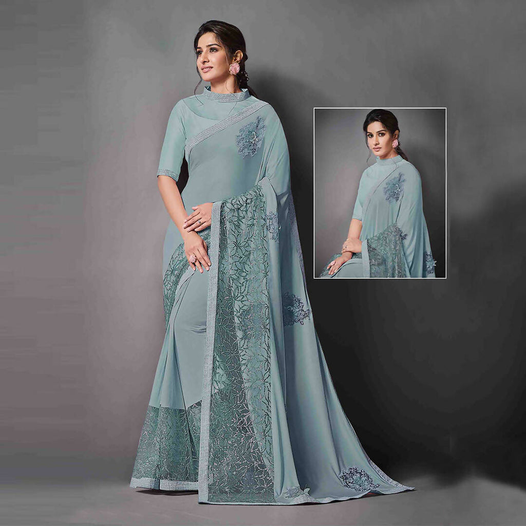 Teal Lycra Raw Silk Sequins Embroidery, Applique Work Saree - Norita Eileen