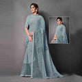 Teal Lycra Raw Silk Sequins Embroidery, Applique Work Saree - Norita Eileen