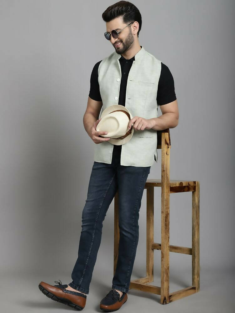 Even Apparels Nehru Jacket With Welt Pockets - Green
