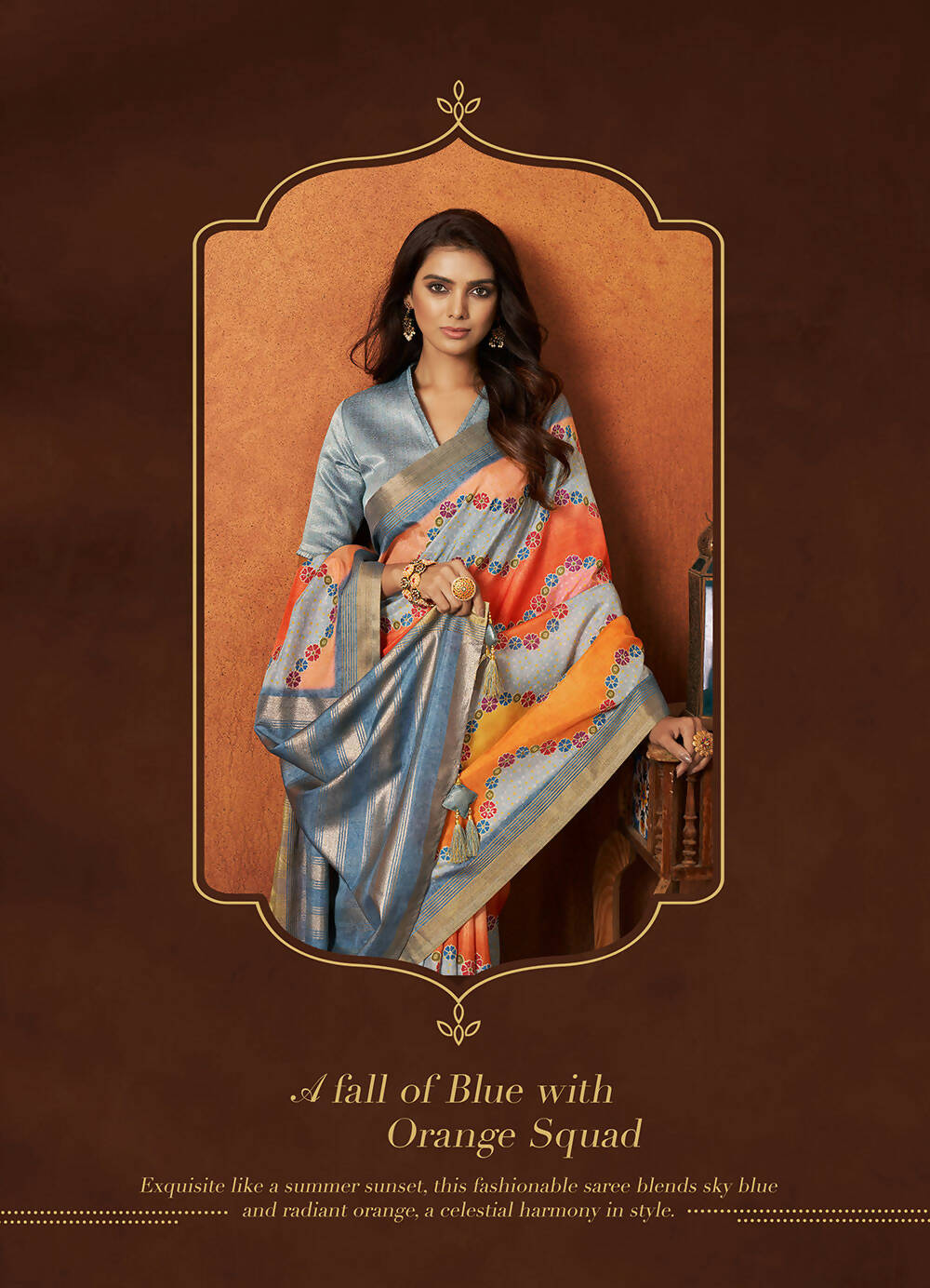 Orange & Blue Rangkat and Crepe Silk Floral Saree With Unstitched Blouse Piece - Mohmanthan Royal Saachi
