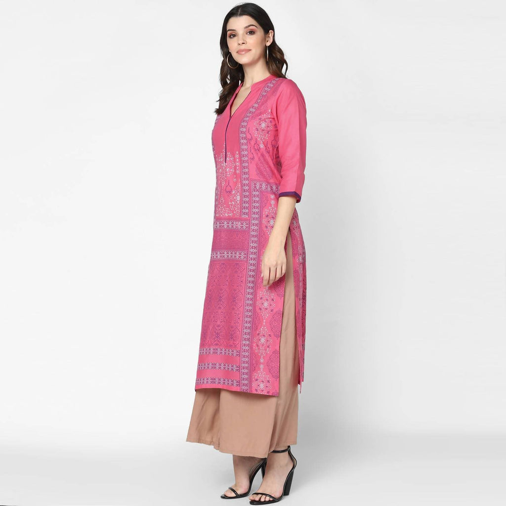 Cheera Hand Block Print Baby Pink Straight Kurta (MAAI-048K)