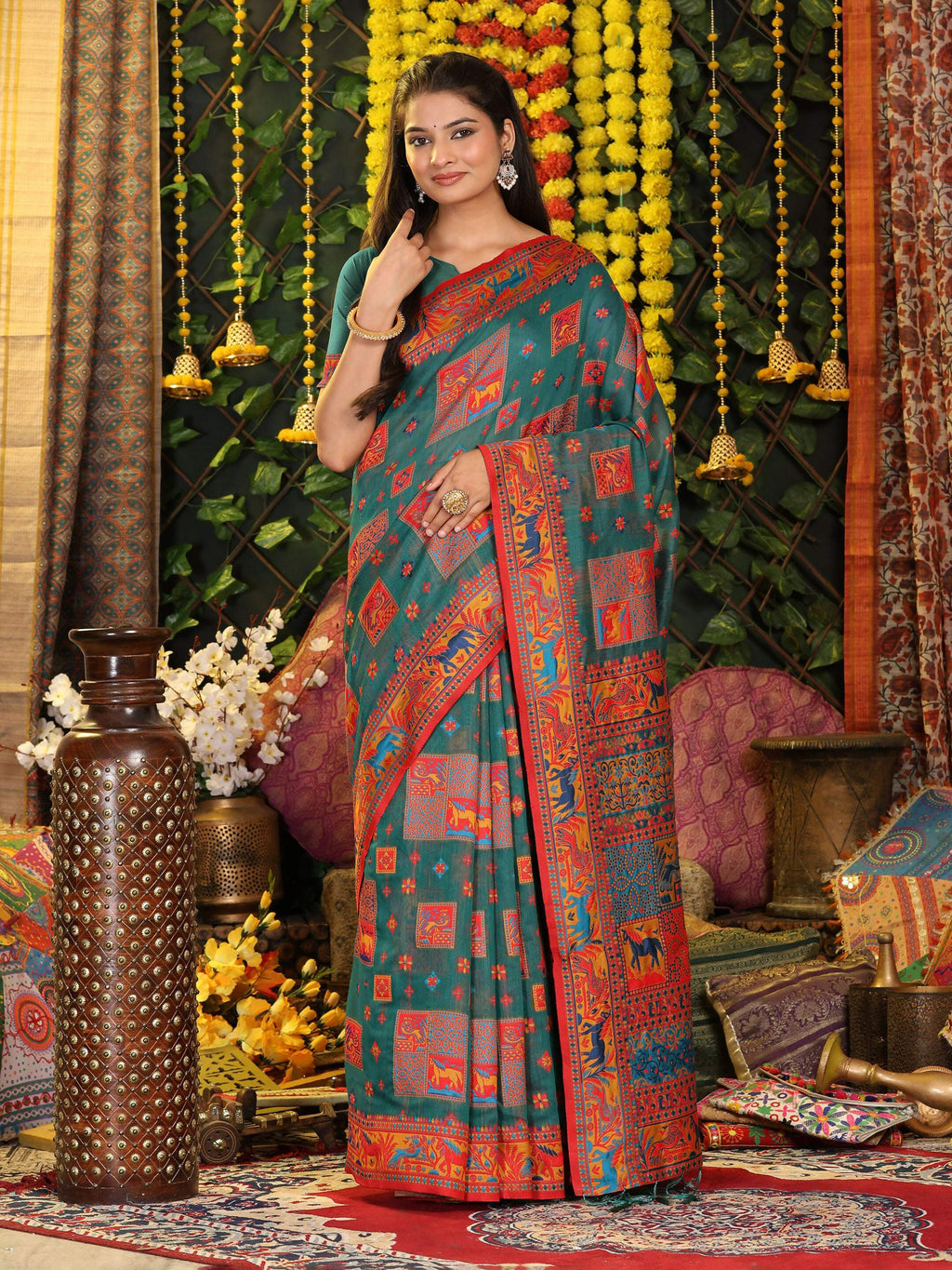 Shree Shyam Fashion Linen Cotton Rama Green Saree - Distacart