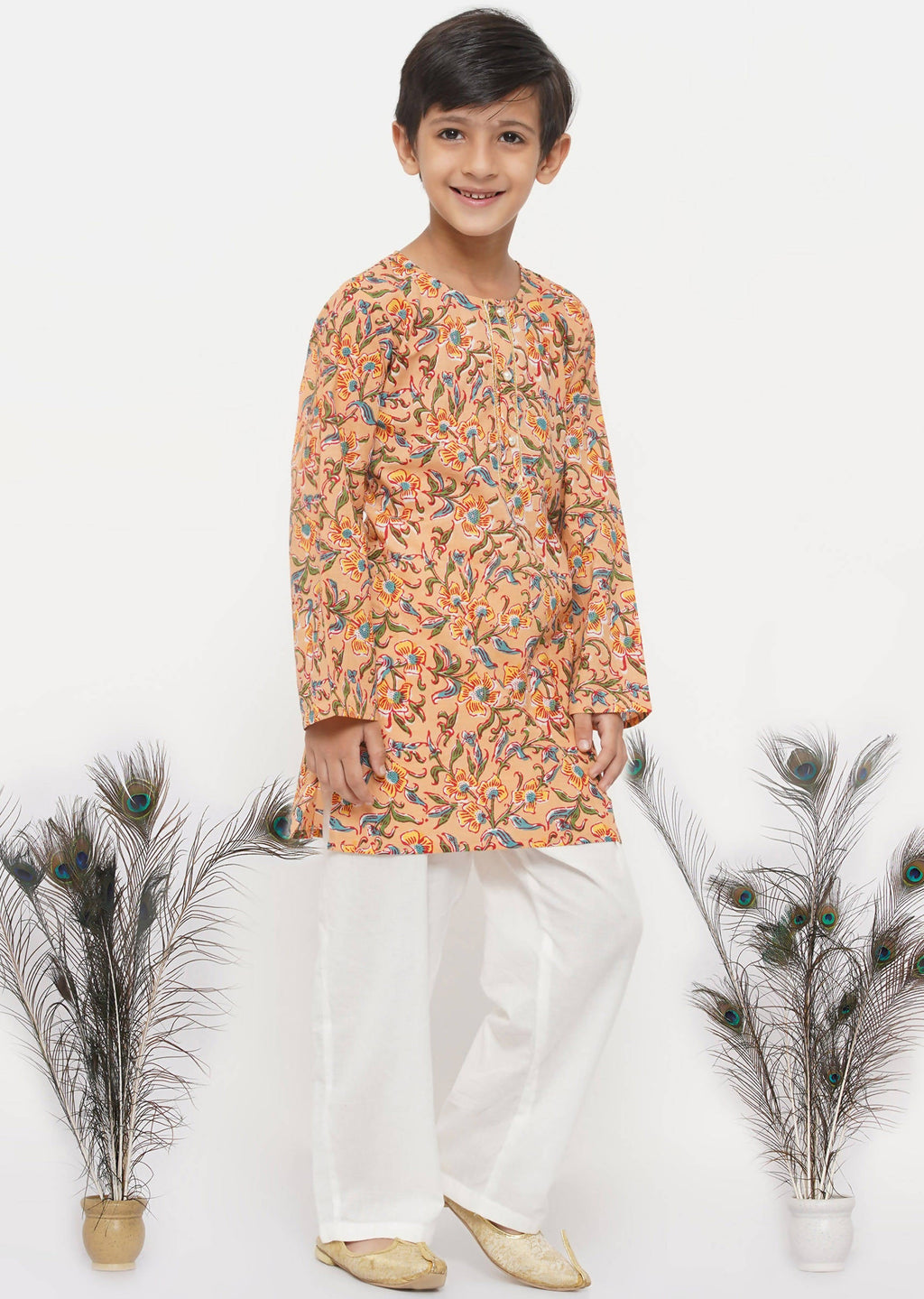 Little Bansi Boys Cotton Block Floral Kurta with Pearl Buttons & Pyjama in Orange & Cream